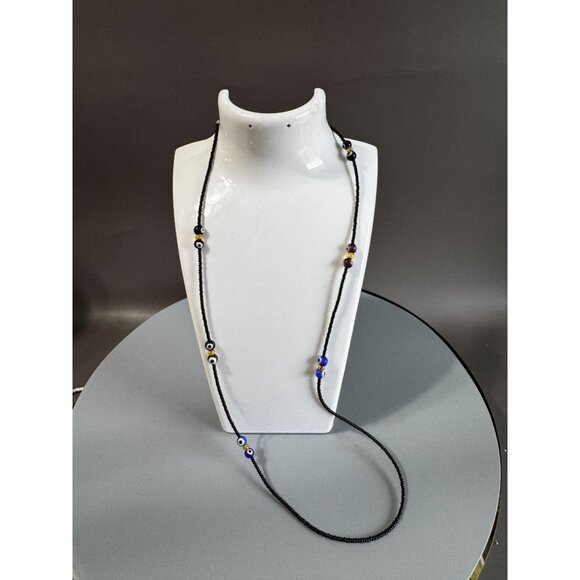 26" Black Seed Bead Necklace with Glass Evil Eye Beads Boho Artisan Layering - Picture 5 of 5